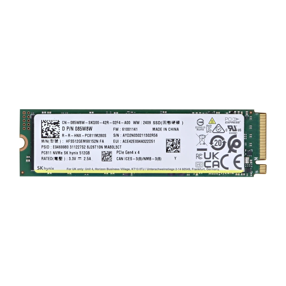 内蔵型SSD SK hynix PC811 512GB PCIe NVMe 4.0 x4 SK hynix PC811 512GB NVMe SSD Gen4 M.2 2280 (7000MB/s) | GPUHEAVEN